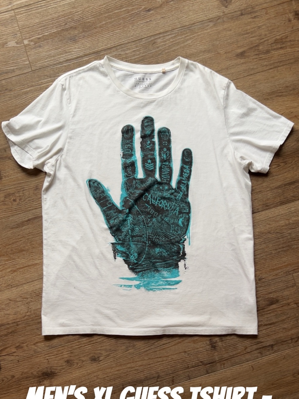 Guess White Short Sleeve Tee with Teal Hand Graphic